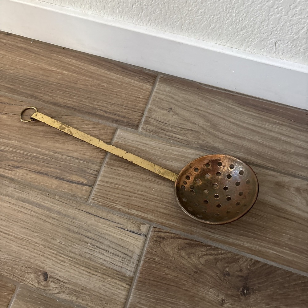 Vintage Brass Skimmer‎ with Long Handle and Hanging Hook, 16"